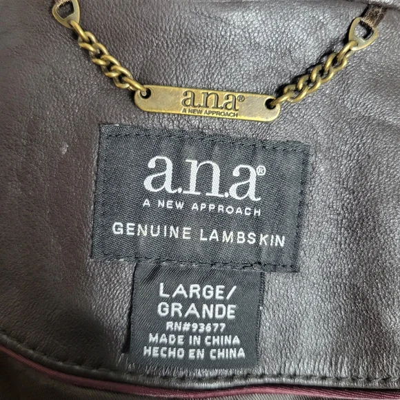A.N.A. a.n.a Brown Leather Genuine Lambskin Jacket Faux Fur Collar Womens L Moto - Picture 9 of 13